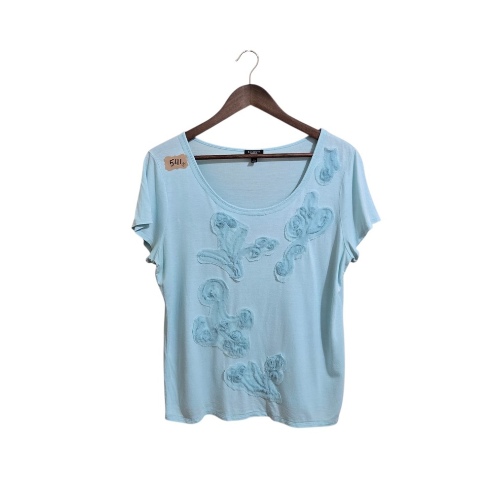 Talbots Petites Short Sleeve Blouse Size LG Teal Round Necks Cotton Blend Tulle‎